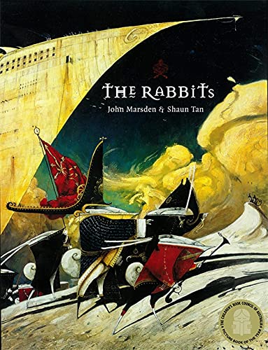 Book cover for "The Rabbits" depicts armored figures on a wave.
