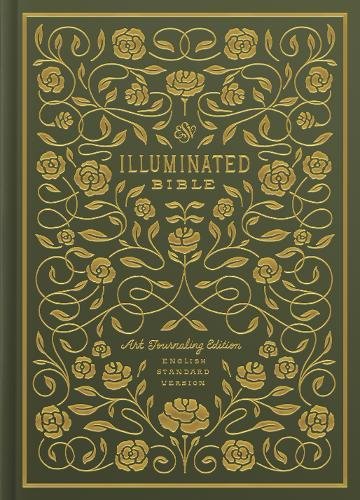 Dark green book cover with gold floral filigree and the title Illuminated Bible.