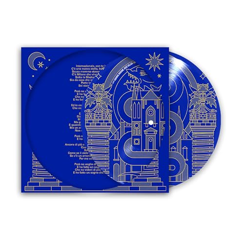 Blue vinyl record with white illustrated sleeve and celestial motifs.