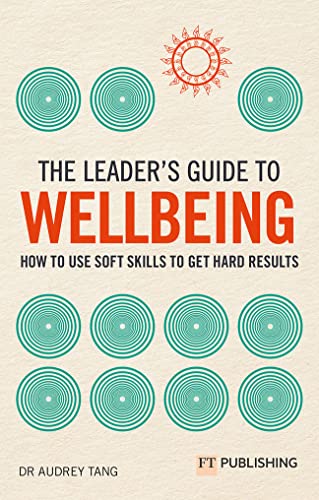 Book cover: "The Leader's Guide to Wellbeing" with teal circular designs.