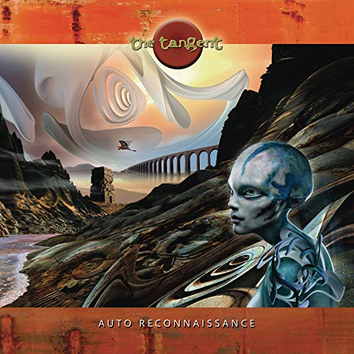 The image depicts the album cover for "Auto Reconnaissance" by The Tangent, featuring a surreal, futuristic scene. A concise, descriptive alt text for this image could be: "Album cover with futuristic alien figure and abstract landscape."