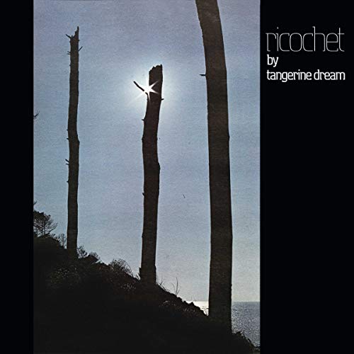 Three silhouetted tree trunks against a bright sky with text reading Ricochet by Tangerine Dream.