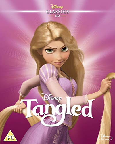 Blu-ray cover for Disney’s *Tangled* featuring Rapunzel with long blonde hair.