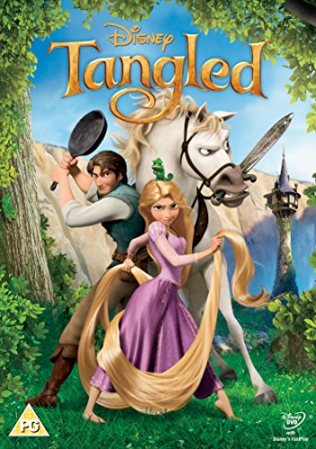 DVD cover for Disney’s “Tangled” featuring Rapunzel with long blonde hair.
