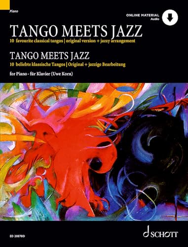 Sheet music cover: "Tango Meets Jazz" with abstract red and blue artwork.