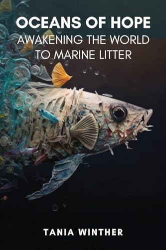 Book cover: fish skeleton entangled in plastic debris, dark blue background.