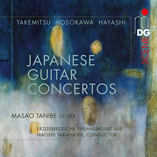 CD cover for “Japanese Guitar Concertos” by Tanibe Masao, abstract blue design.