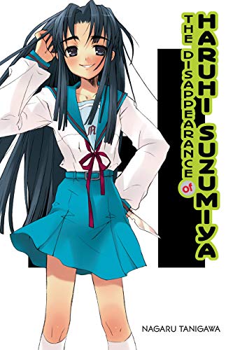 Anime girl in school uniform on cover of "The Disappearance of Haruhi Suzumiya" light novel.