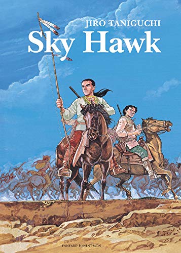 Two riders on horseback against a blue sky and distant army.