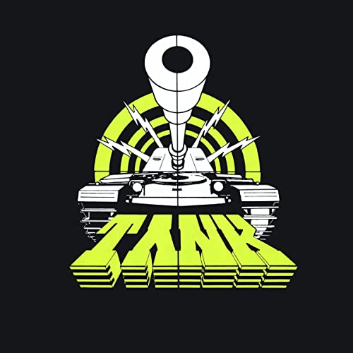 Black and white tank illustration with yellow sunburst and text.