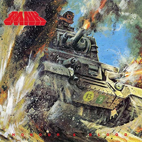 Painted cover of Tank’s “Honor & Blood” CD featuring a war tank in battle.