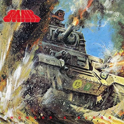 Painting of a tank in battle with a soldier emerging from the turret.