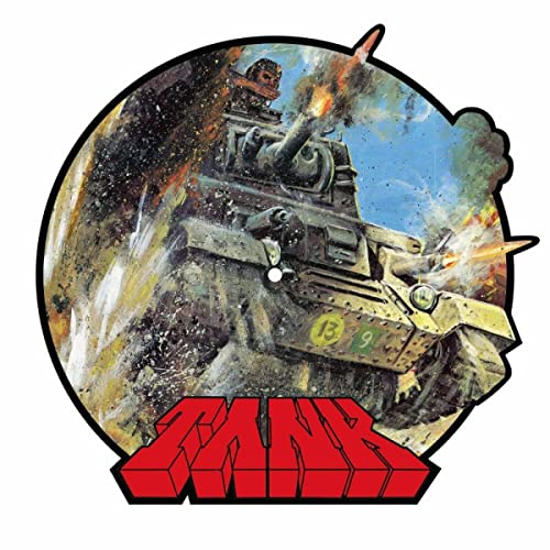 Painted image of a tank in battle, with fiery explosions and red text.