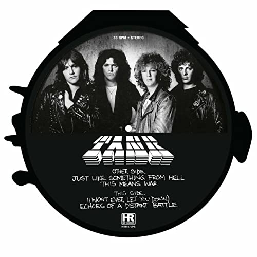 Tank band members portrait on black vinyl record, text overlay.