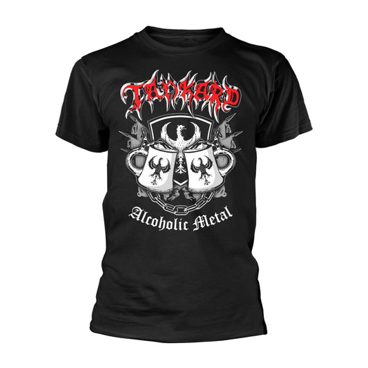 Black t-shirt with a metal band logo featuring tankards and a bird.