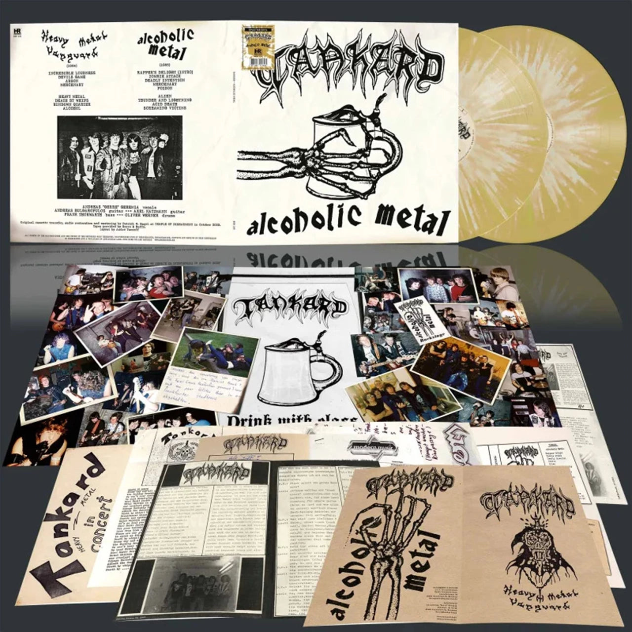 Splatter vinyl record with album artwork, band photos, and concert flyers.