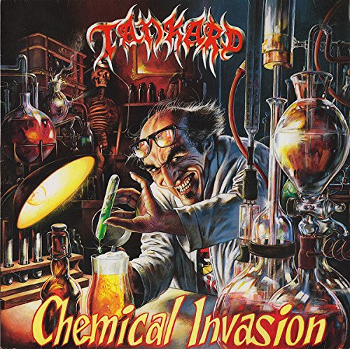 "Album cover art: maniacal scientist in lab, surrounded by beakers and flasks, with skeleton in background."