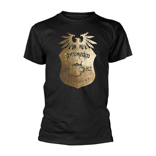 Black t-shirt with gold graphic of an eagle, shield, and beer stein.
