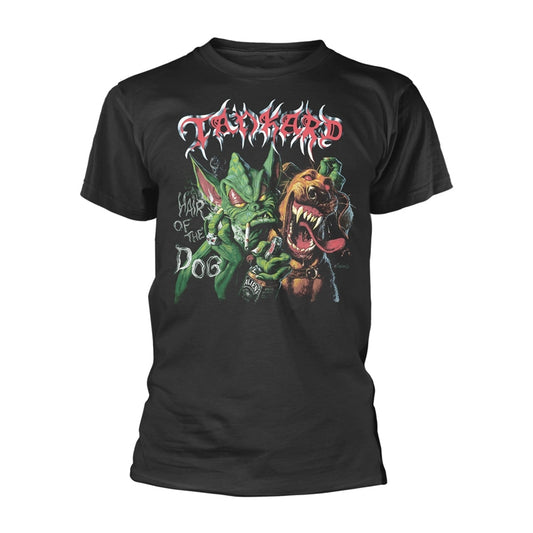 Black t-shirt with graphic of a goblin and snarling dog.