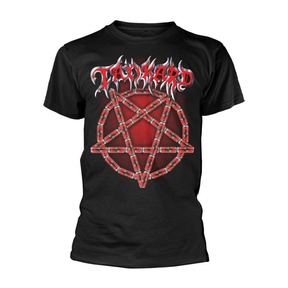 Black T-shirt with red and white plaid pentagram and band logo.