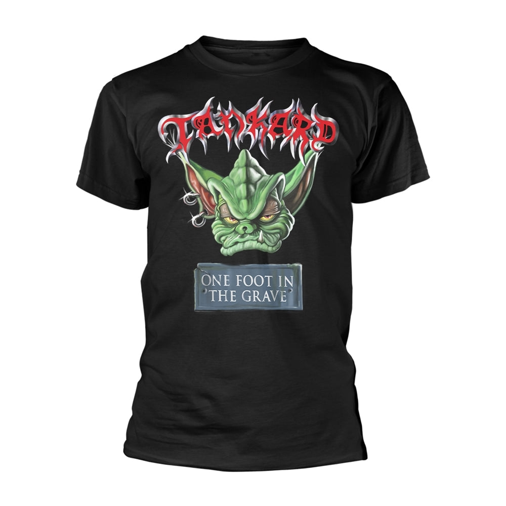 Black t-shirt with a green, monstrous face and band logo print.
