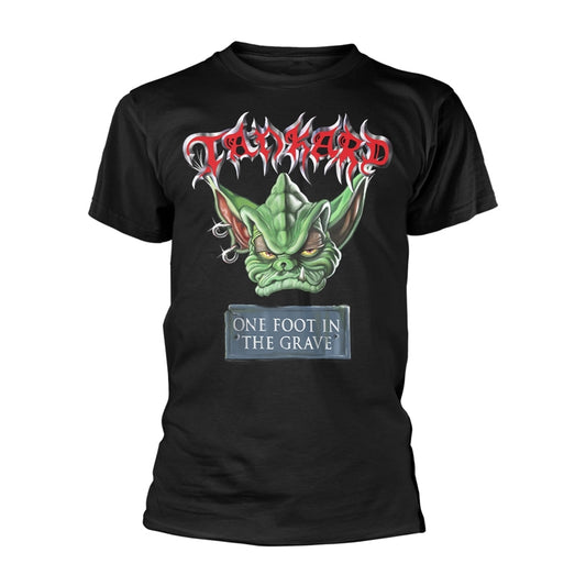 Black t-shirt with a green, monstrous face and band logo print.