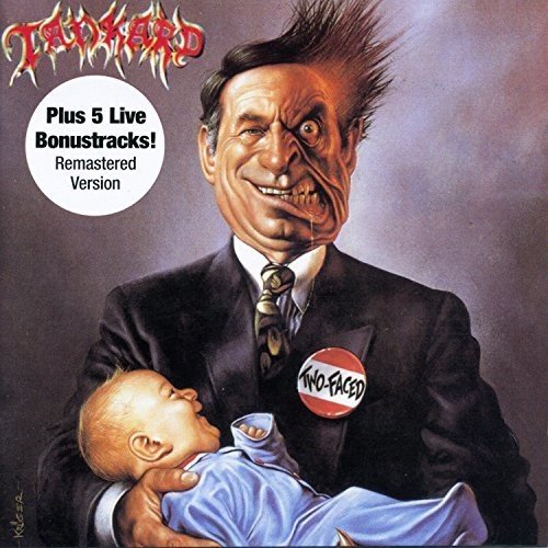 "Album cover art: man in suit with distorted face holding a baby."