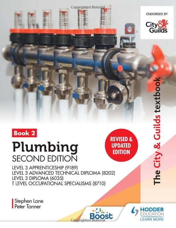 Plumbing textbook cover with pipes, tools, and City & Guilds logo.