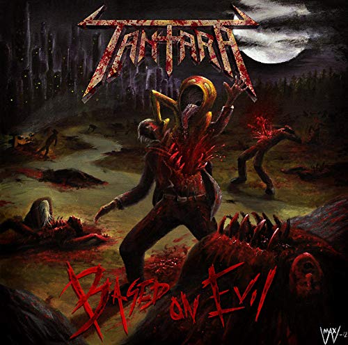 Dark, gory illustration of a creature attacking a person in a desolate, moonlit landscape.