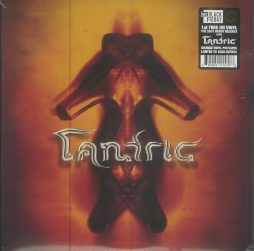 Vinyl album cover with a symmetrical dark abstract shape over an orange gradient background.