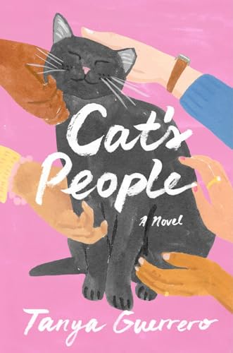 A black cat on a pink background being petted by several different hands.