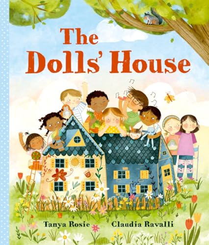 Children playing around a large dolls' house in a garden under a tree.
