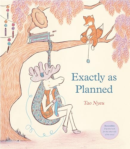 Book cover: moose on a swing, fox with yarn, illustrated style.