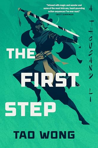 Book cover: illustrated warrior with sword, teal background, title “The First Step”.