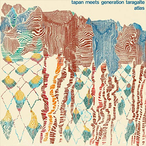 Vinyl record cover with abstract, colorful, topographic design and blue text on beige background.