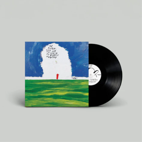 Vinyl record with cover art depicting a white shape on a blue and green landscape.
