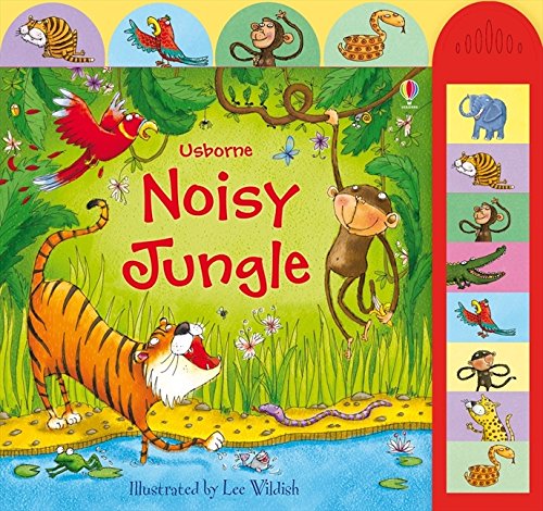 Colorful children’s book cover depicting jungle animals with sound buttons.