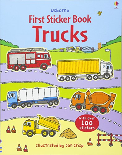 Usborne First Sticker Book Trucks featuring colorful illustrations of various trucks on a road.