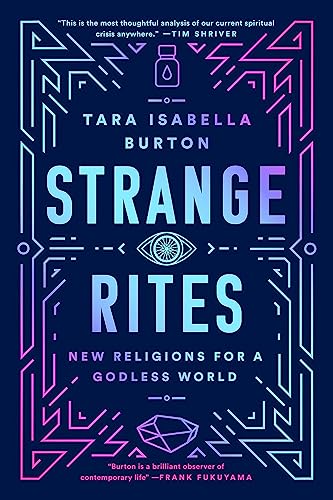 Book cover for "Strange Rites" with neon geometric design and an eye.