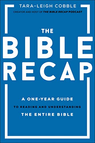 Book cover for The Bible Recap by Tara-Leigh Cobble with blue background and white text.
