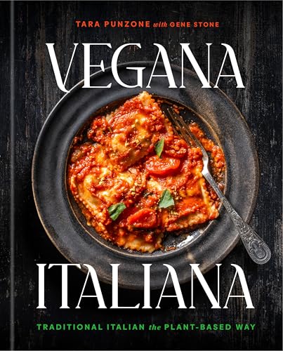 Cookbook cover titled Vegana Italiana featuring a plate of ravioli in red sauce.