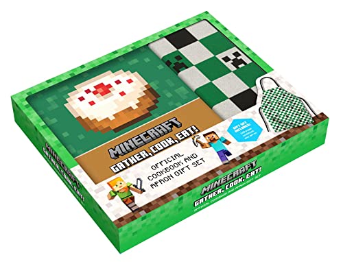 Minecraft cookbook and apron gift set in green box with pixelated designs.