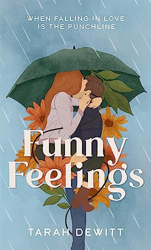 A couple kisses under a green umbrella amidst orange flowers and falling rain.