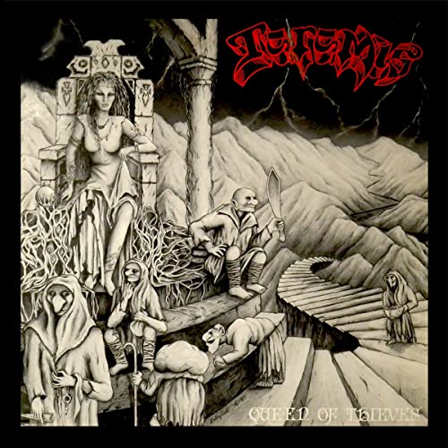 Monochrome album art featuring a queen on a throne surrounded by hooded figures.