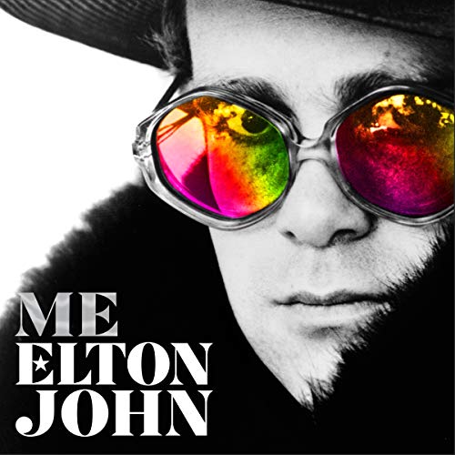 Elton John in colorful sunglasses, with “ME ELTON JOHN” text overlay.