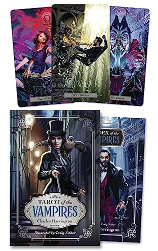 Tarot card deck with gothic vampire imagery and ornate box art.