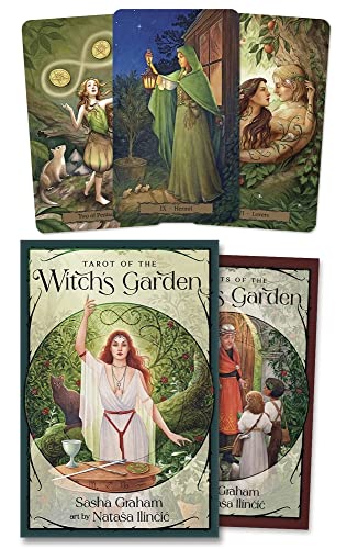 Tarot of the Witch's Garden" deck with illustrated cards and botanical cover art.