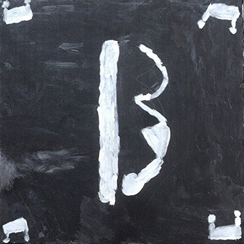 Black square with white, abstract letter “B” and four corner shapes.
