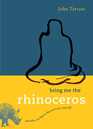 Book cover: blue and yellow, silhouette of meditating figure, rhinoceros.