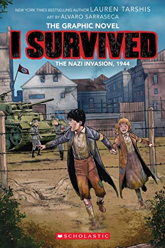 Book cover showing two children running past a Nazi tank in a war-torn town.